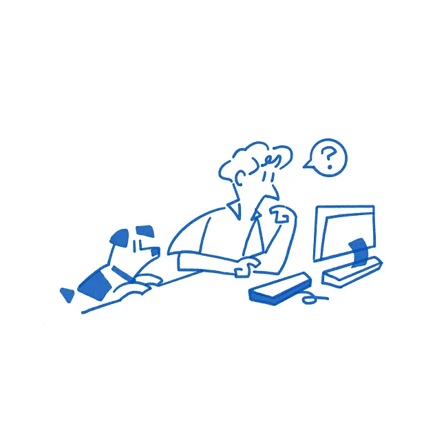 Line drawing of a student character at a computer, with a question mark above