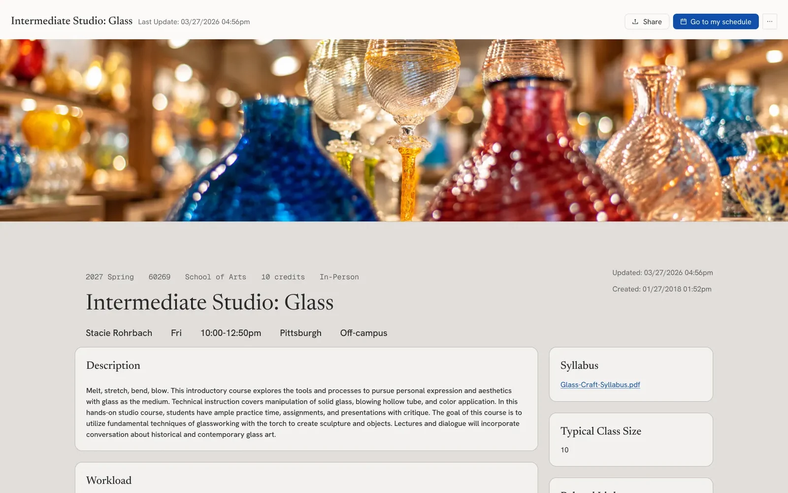 A course information page with a photo banner, description, syllabus and workload